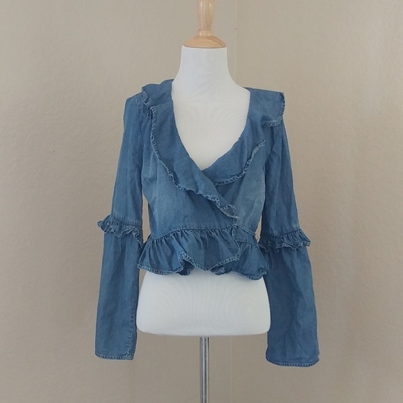 Taylor & Sage Jackets & Blazers - Taylor & Sage Chambray Ruffled Peplum Top